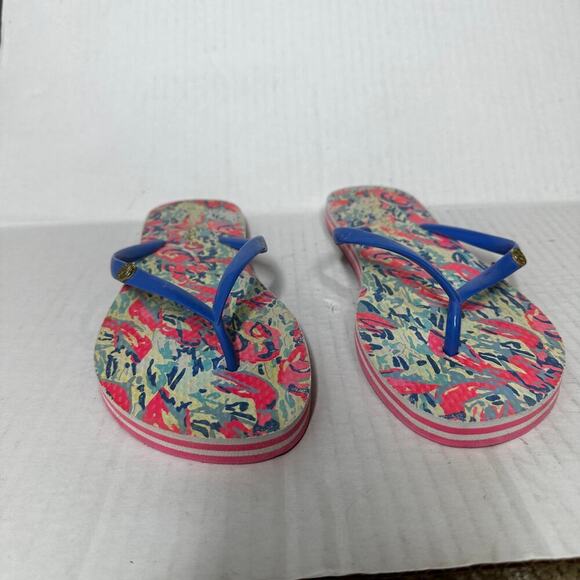Lilly Pulitzer Size 7 Logo Blue Pink Tropical Flip Flop Sandal Summer Vacation - Picture 5 of 8